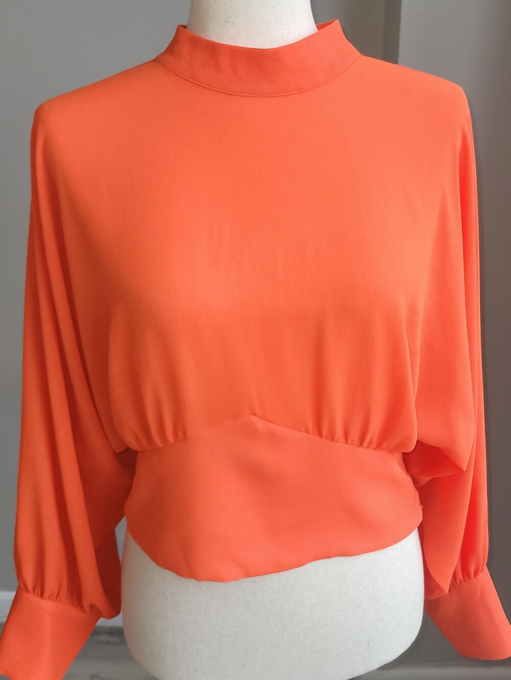 Zara Bright Coral Mock Neck Batwing Blouse L